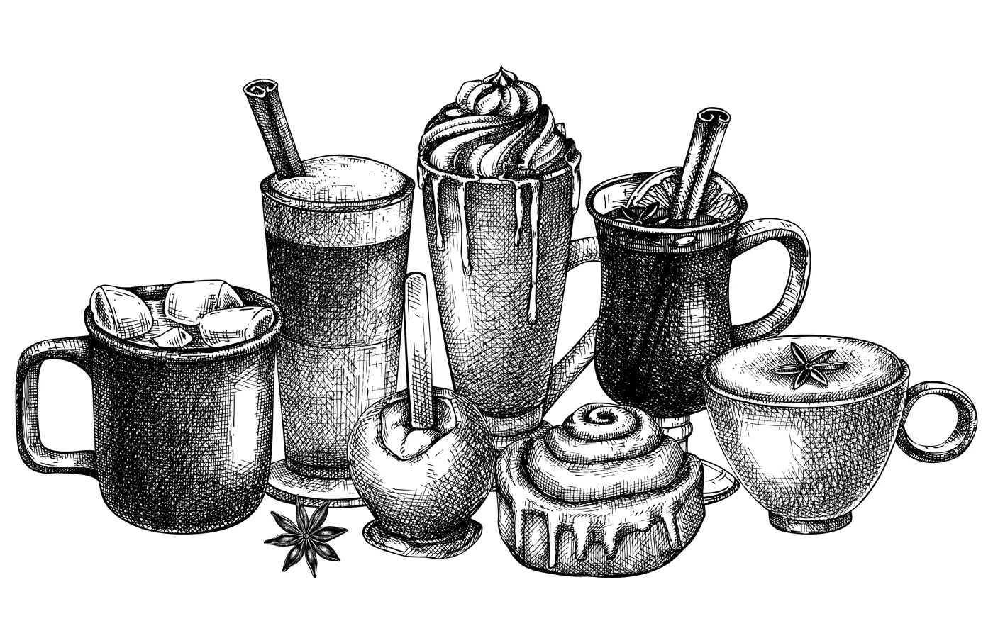 Vector collection of glassware with hot drinks. Sketched autumn drinks drawings -  mulled wine, coffee, hot chocolate, pumpkin latte, mugs, and desserts. Thanksgiving dinner beverages design Illustration